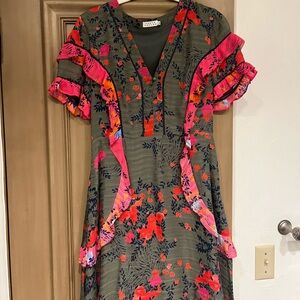 Floral Tanya Taylor Ruffle Dress with Pink Accents